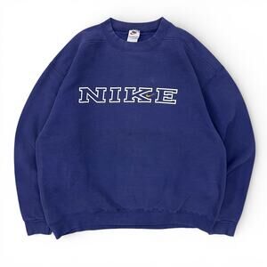 Vintage 90s Nike Spellout USA Made Navy Blue Mini Swoosh Crewneck Sweatshirt L